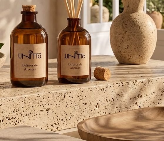 Frascos âmbar do Difusor de Aromas e rolha de cortiça sobre pedra natural