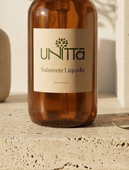 Close do rótulo em papel do Sabonete Líquido Unittà sobre travertino