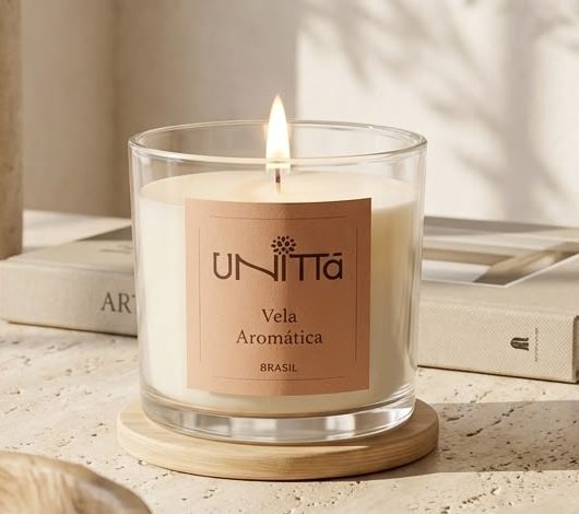 Detalhe da Vela Aromática Unittà acesa em copo de vidro sobre base de madeira e travertino