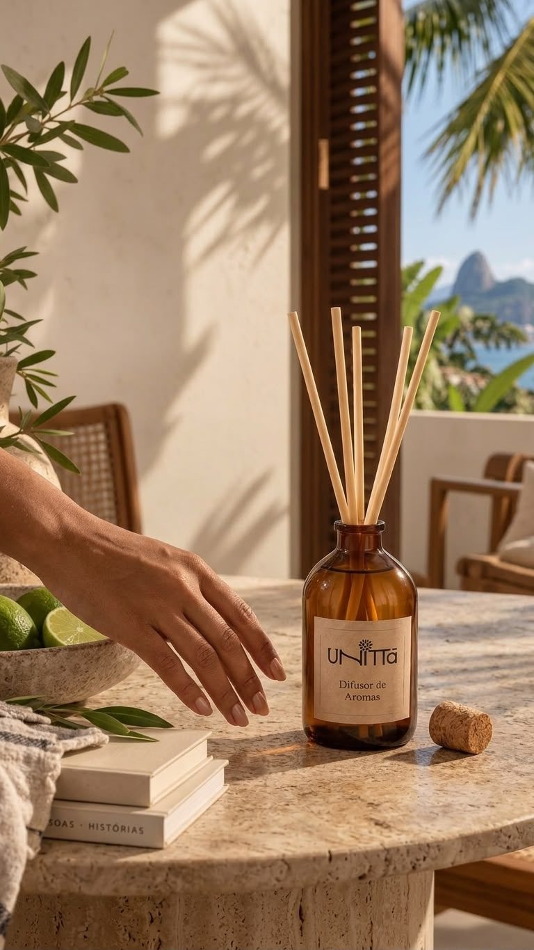 Difusor de Aromas Unittà sobre mesa de pedra em uma varanda brasileira, com luz de fim de tarde