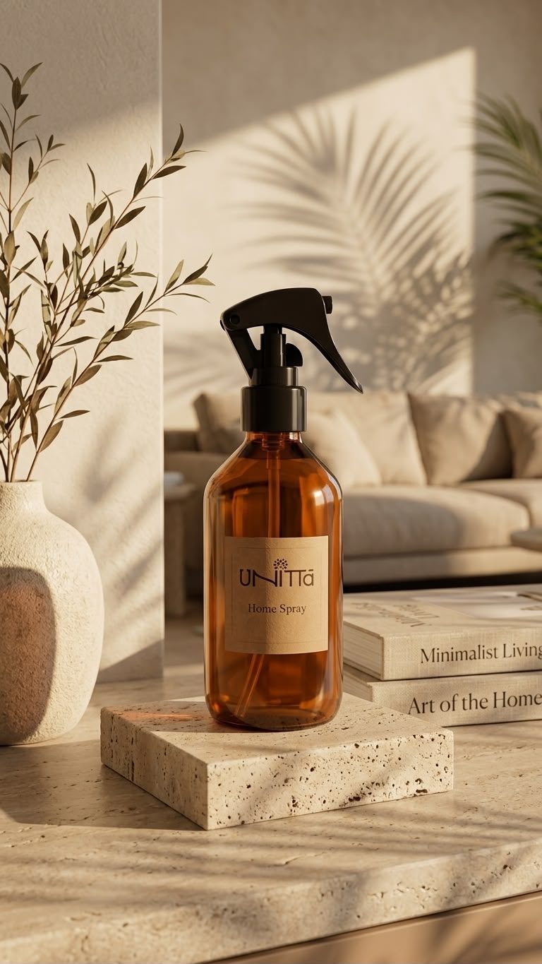 Home Spray Unittà sobre bloco de travertino em uma sala clara, com sombras de palmeira na parede