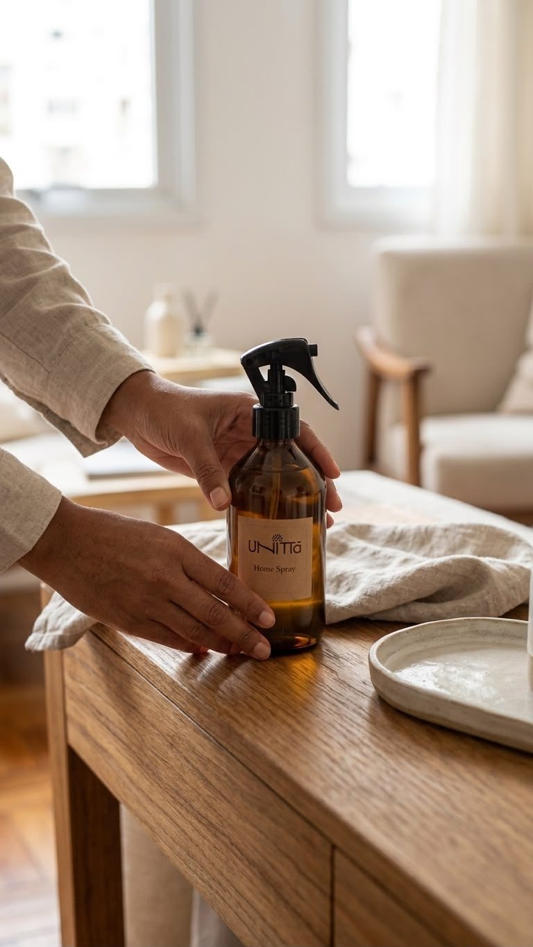 Mãos arrumando a mesa de madeira com o Home Spray Unittà e um pano de linho